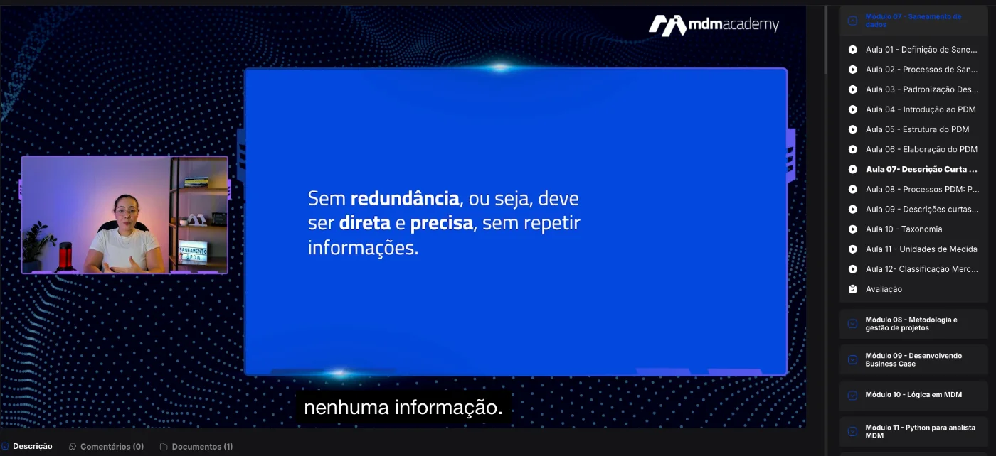 Aula da plataforma sobre padronização e descrição de materiais no módulo de saneamento
