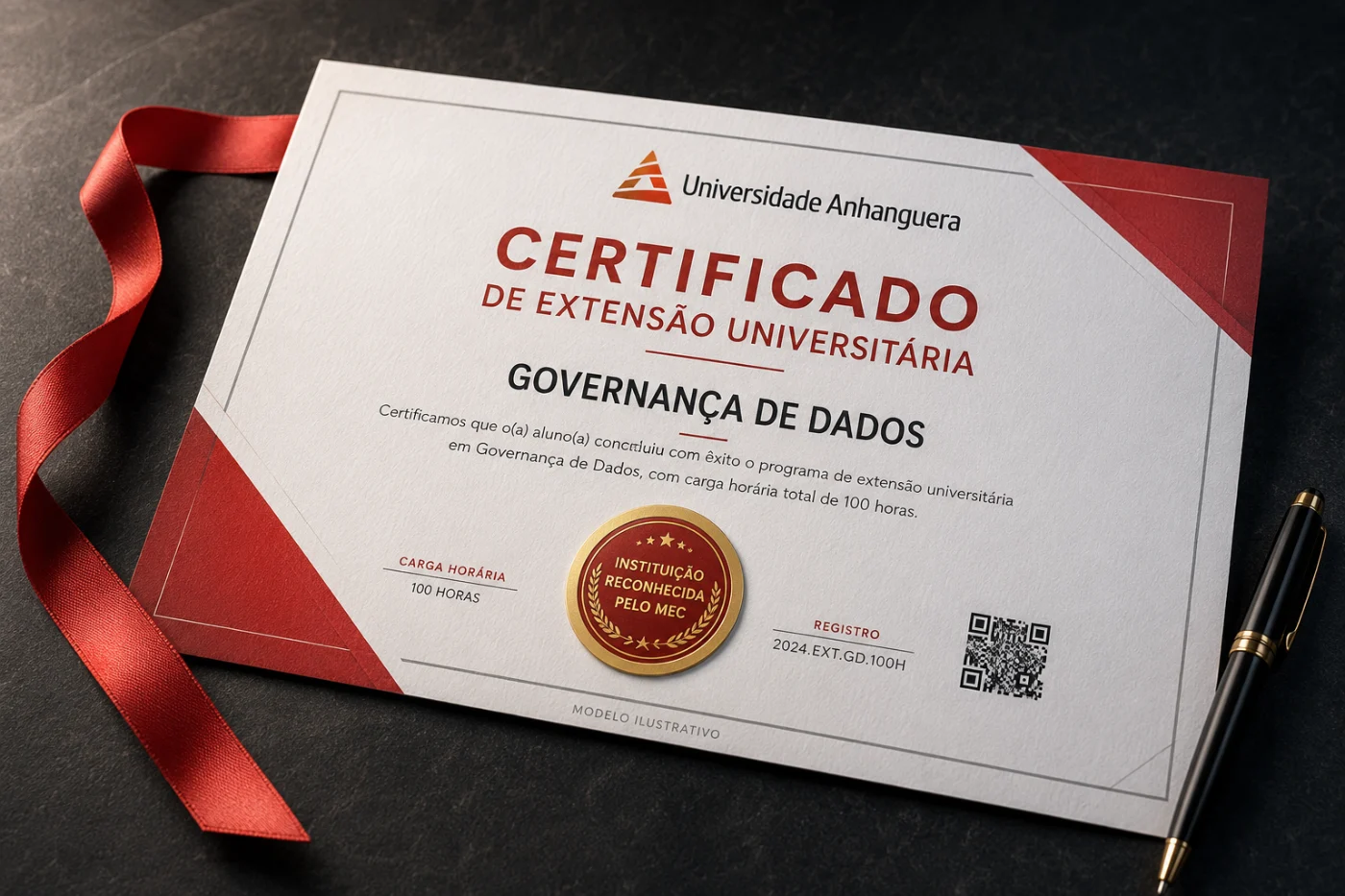 Modelo ilustrativo do certificado de extensão universitária em governança de dados