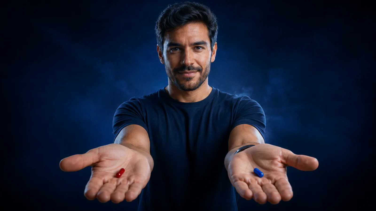 Profissional oferecendo uma cápsula vermelha e uma cápsula azul como duas opções de desenvolvimento profissional.