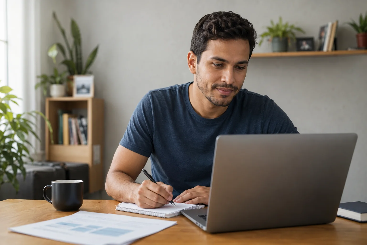 Profissional analisando relatórios impressos ao lado do notebook