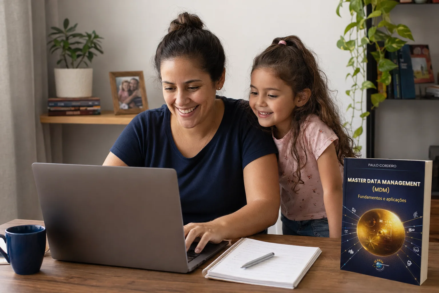 Profissional trabalhando em casa no notebook, com a filha ao lado e um livro de MDM sobre a mesa